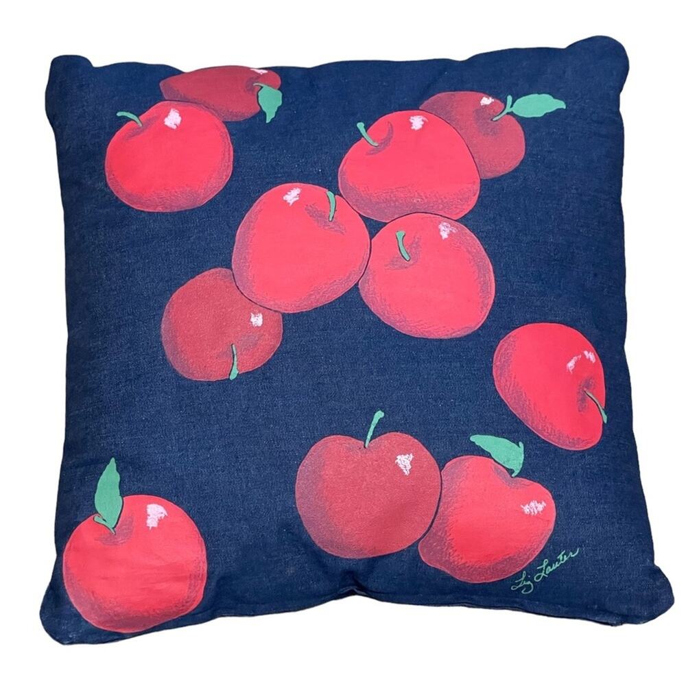 Decorative Handpainted Square Denim Blue Red Apple Pillow by Artist Liz Lauter - Picture 8 of 8